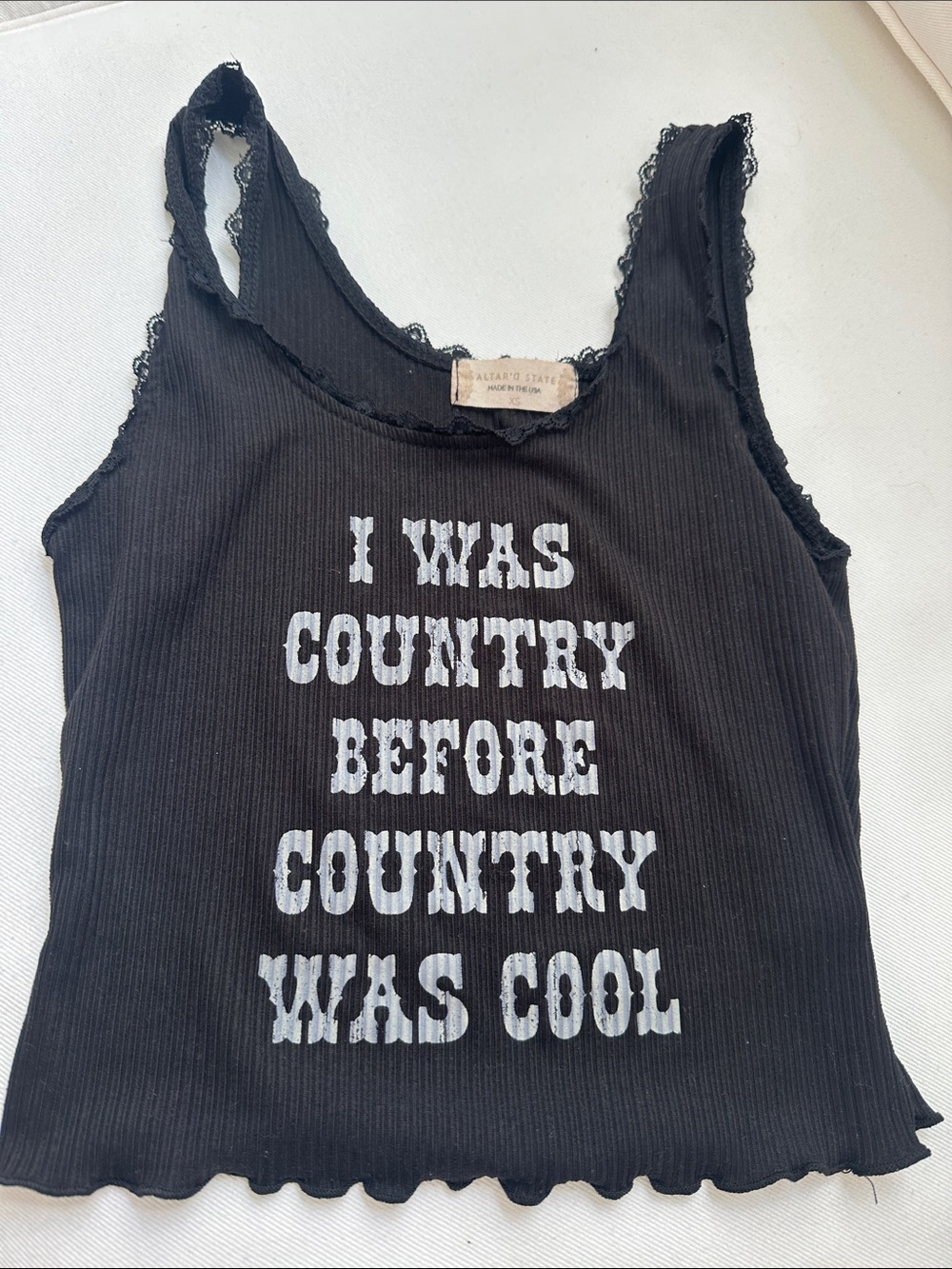 Altar'd State Black Ribbed Tank with White Country Slogan